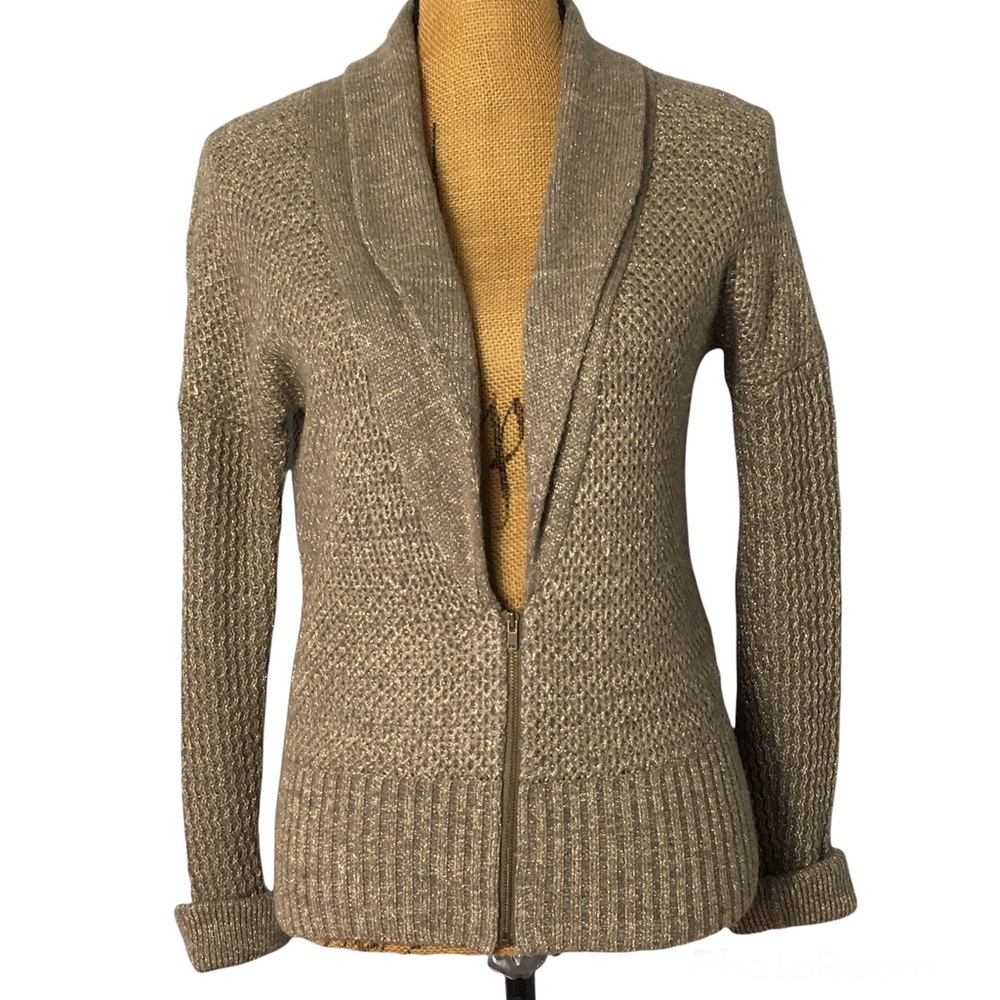 Loft Knit Beige Metallic Wool Zip-up Cardigan Sweater M